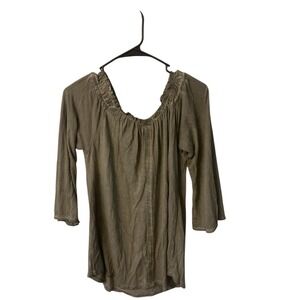 Crosby Peasant Top Olive‎ Green 3/4 Sleeve Ruched Neckline Casual Size S
